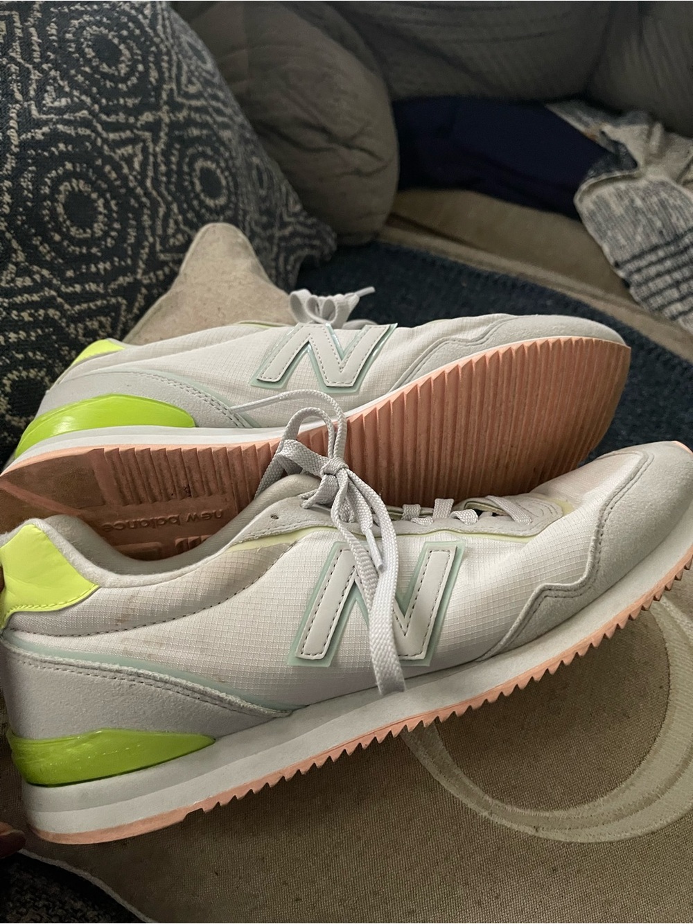 New Balance White Sneakers with Pale Pink Outsole and Neon Green Details
